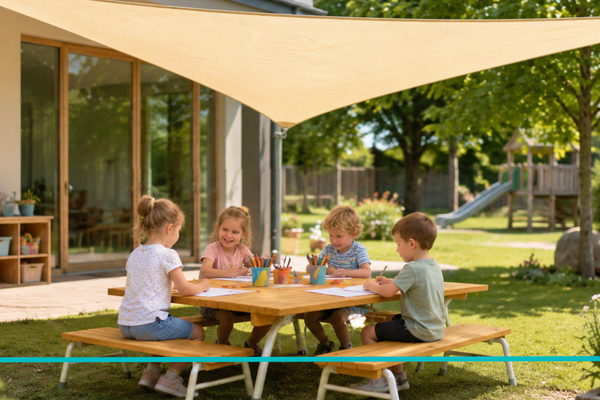 Sonnenschutz für Kinder im Kindergarten - aktiv für Schattenplätze sorgen - Hitze: Schattenplätze im Kindergarten | Edeline-Kidz