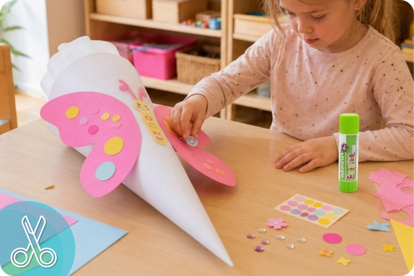 Schmetterling-Schultüte basteln – bunte Bastelidee für Vorschulkinder - Schmetterling-Schultüte basteln | Vorlage für Kinder