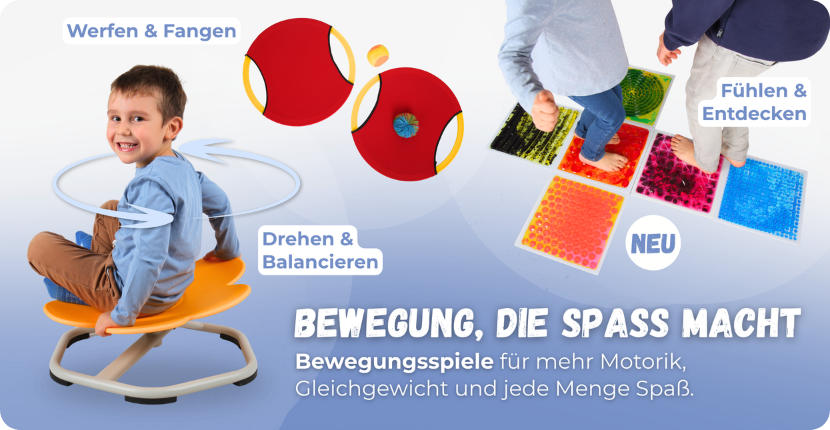 Bewegungsspiele für Kinder mit Blumen-Drehscheibe, Wurftrampolinen und Sensorikmatten