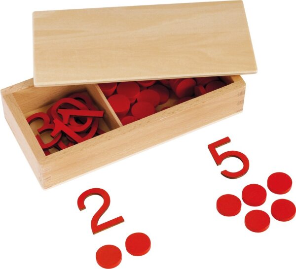 Montessori Ziffern und Chips in Holzbox 478