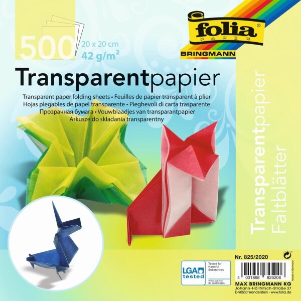 Faltblätter transparent 20x20 cm, 500 Blatt - farbig sortiert 100