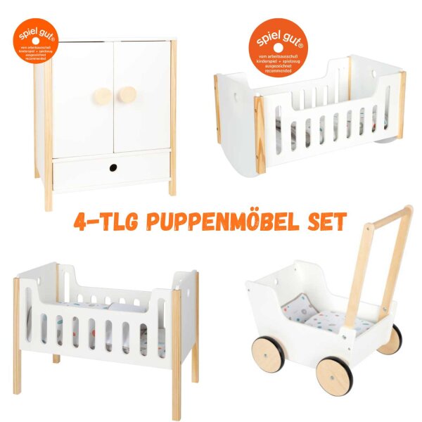 Puppenwagen, Puppenbett, Puppenwiege & Puppenschrrank - 4er Setaus Holz