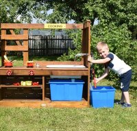 Outdoor Spielkueche Detail Pumpe mit Kind