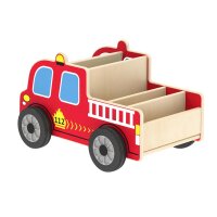 Buecherregal Feuerwehr Junge hinter Regal