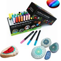 Acrylstifte in Box daneben bemalte Steine