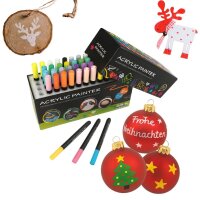Acrylstifte in Box und bemalte Weihnachtskugeln