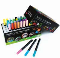 geöffnete Box  3 Acrylstifte als Fächer daneben