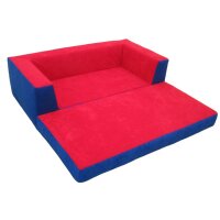 Sofa ausgeklappt dubnkelblau-rot