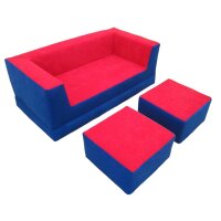Klapp-Sofa mit 2 Hockern dunkelblau-rot