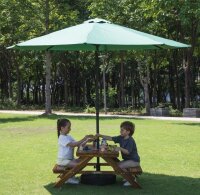 Sonnenschirm im Garten mit Picknicktisch