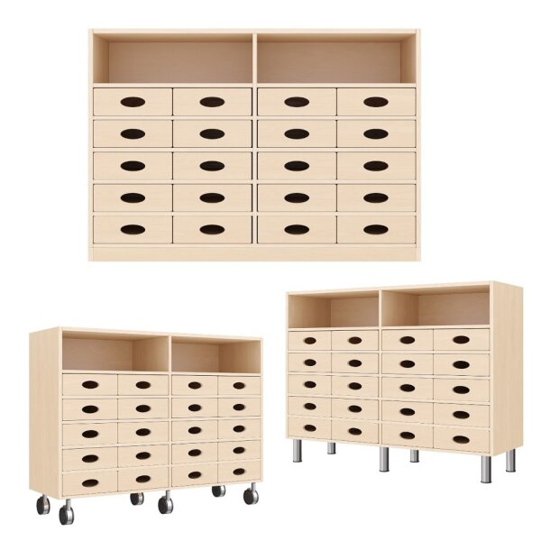 Regalschrank mit 20 Materialkästen, Sockel wählbar