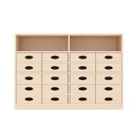 Regalschrank, 20 Materialkästen, Sockel, frontal