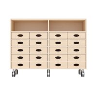 Regalschrank, 20 Materialkästen,  Rollen, frontal