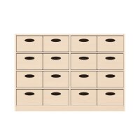 Regalschrank mit 16 Materialkästen, Sockel, fronta