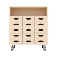 Regalschrank mit Materialkästen, Rollen, schräg