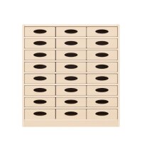 Regalschrank, 24 Materialkästen, Sockel, frontal