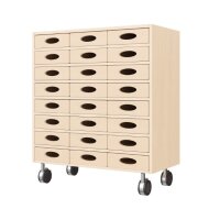 Regalschrank, 24 Materialkästen, Rollen, schräg