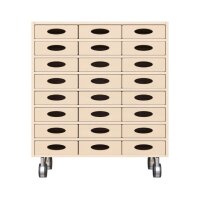 Regalschrank, 24 Materialkästen, Rollen, frontal